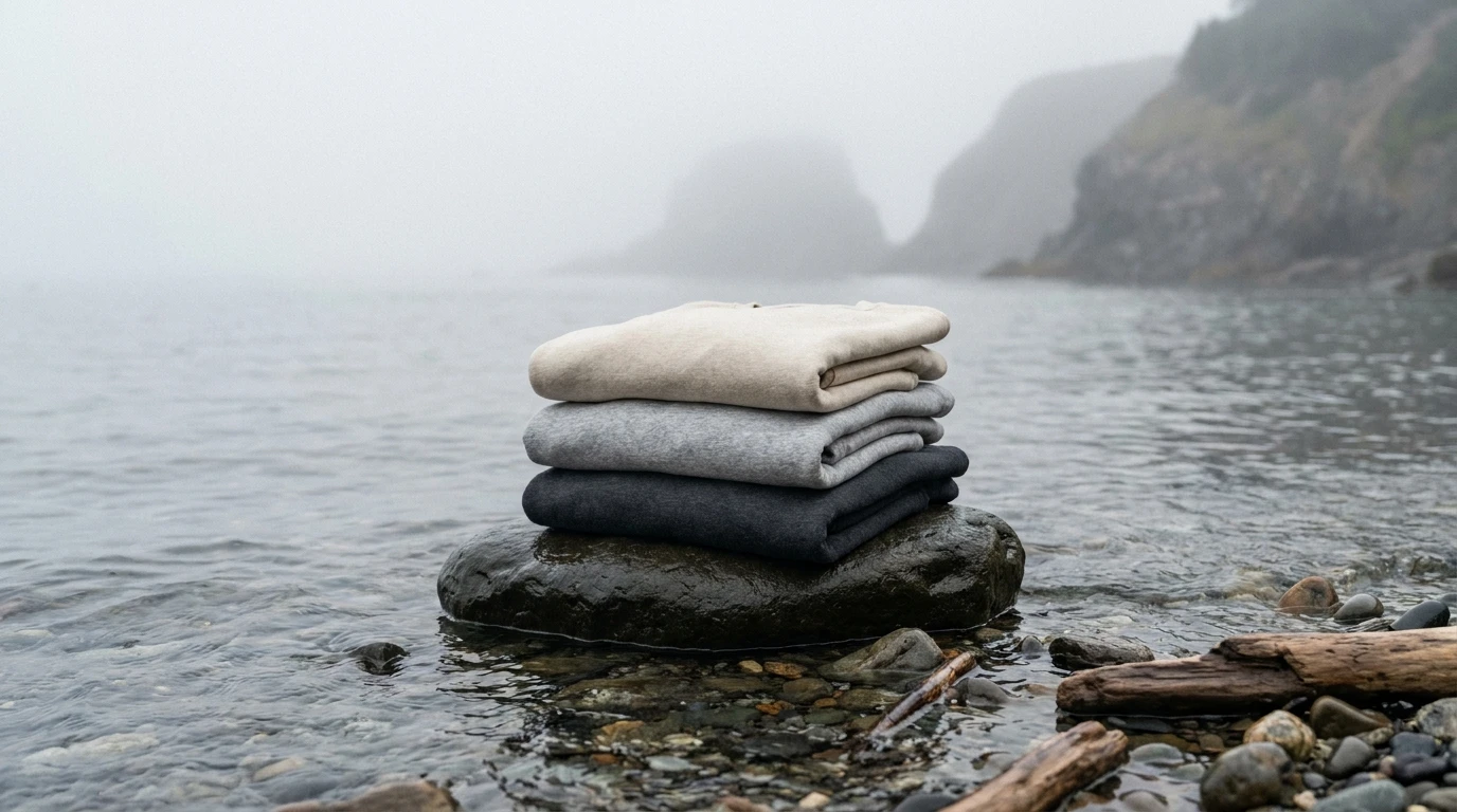 Folded Tidal Reach sweatshirts on wet stone at the waterline